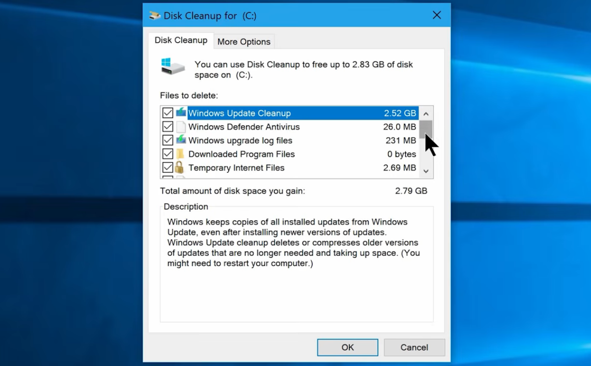 Čistenie disku – Vyčistiť systémové súbory